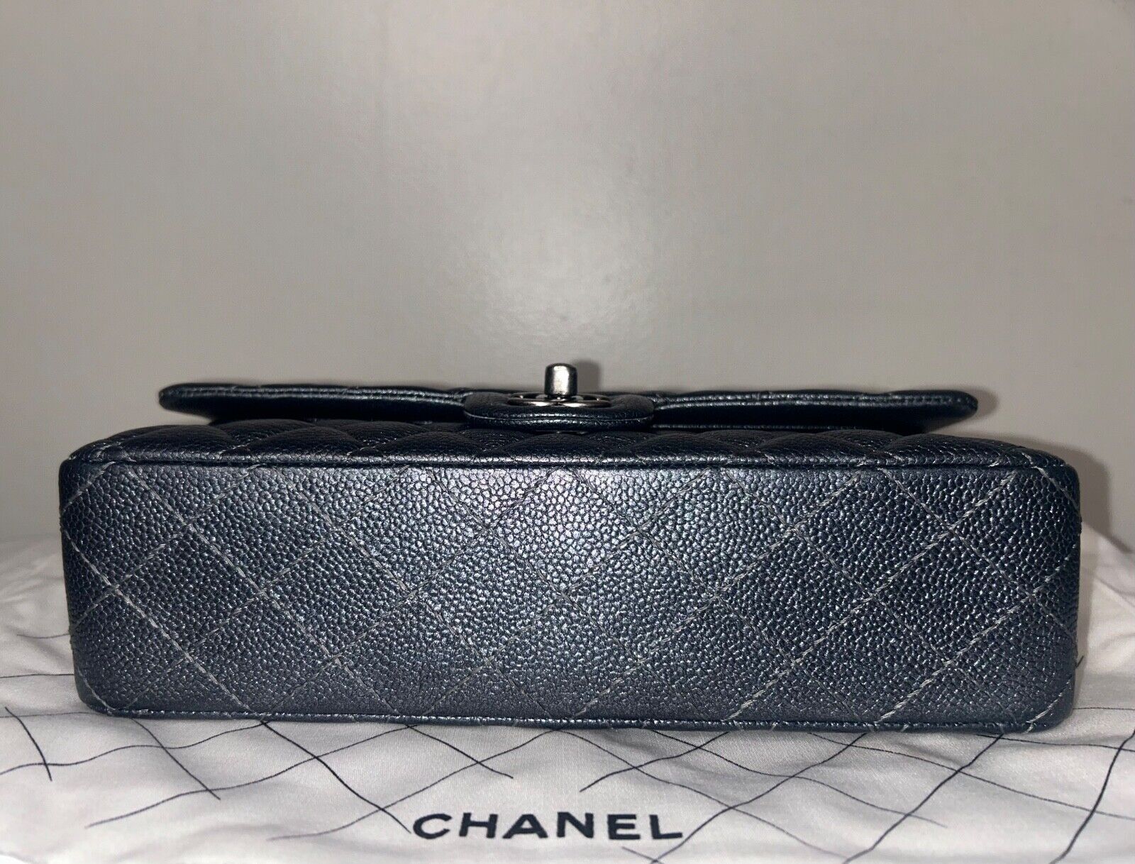 CHANEL Classic Medium Double Flap Pearly Caviar Quilted Leather Handbag Charcoal