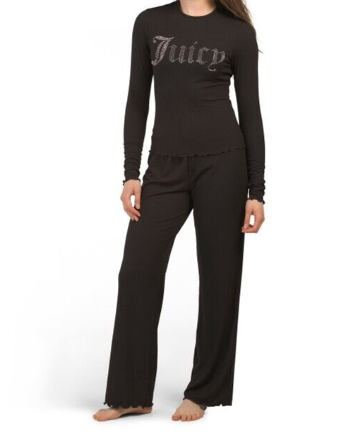 NEW! NWT JUICY COUTURE Bling Logo Lounge Top & Pant Set in Black Size L