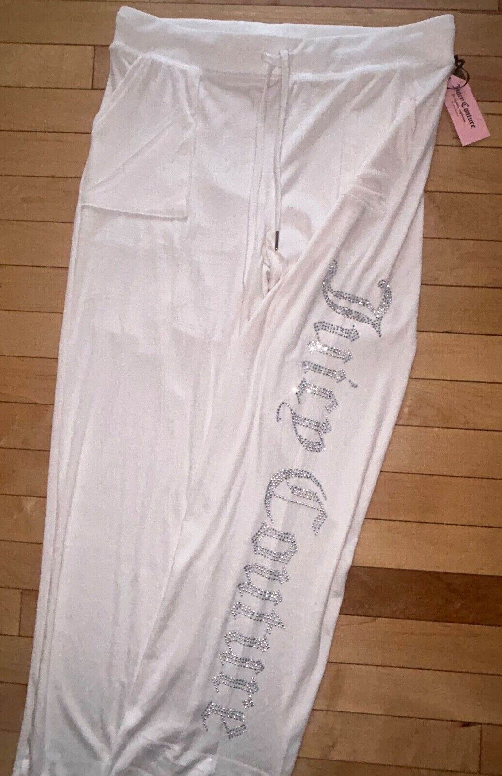 NEW! JUICY COUTURE Velour Bling Logo Sweatpants Pastel Parchment Ivory Size L