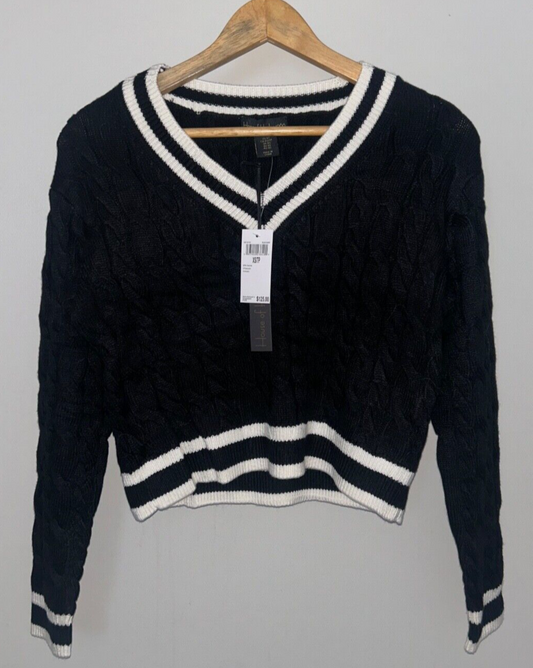 $125 NEW! NWT HOUSE OF HARLOW 1960 Cable Knit V-Neck Sweater Black/Ivory Size XS