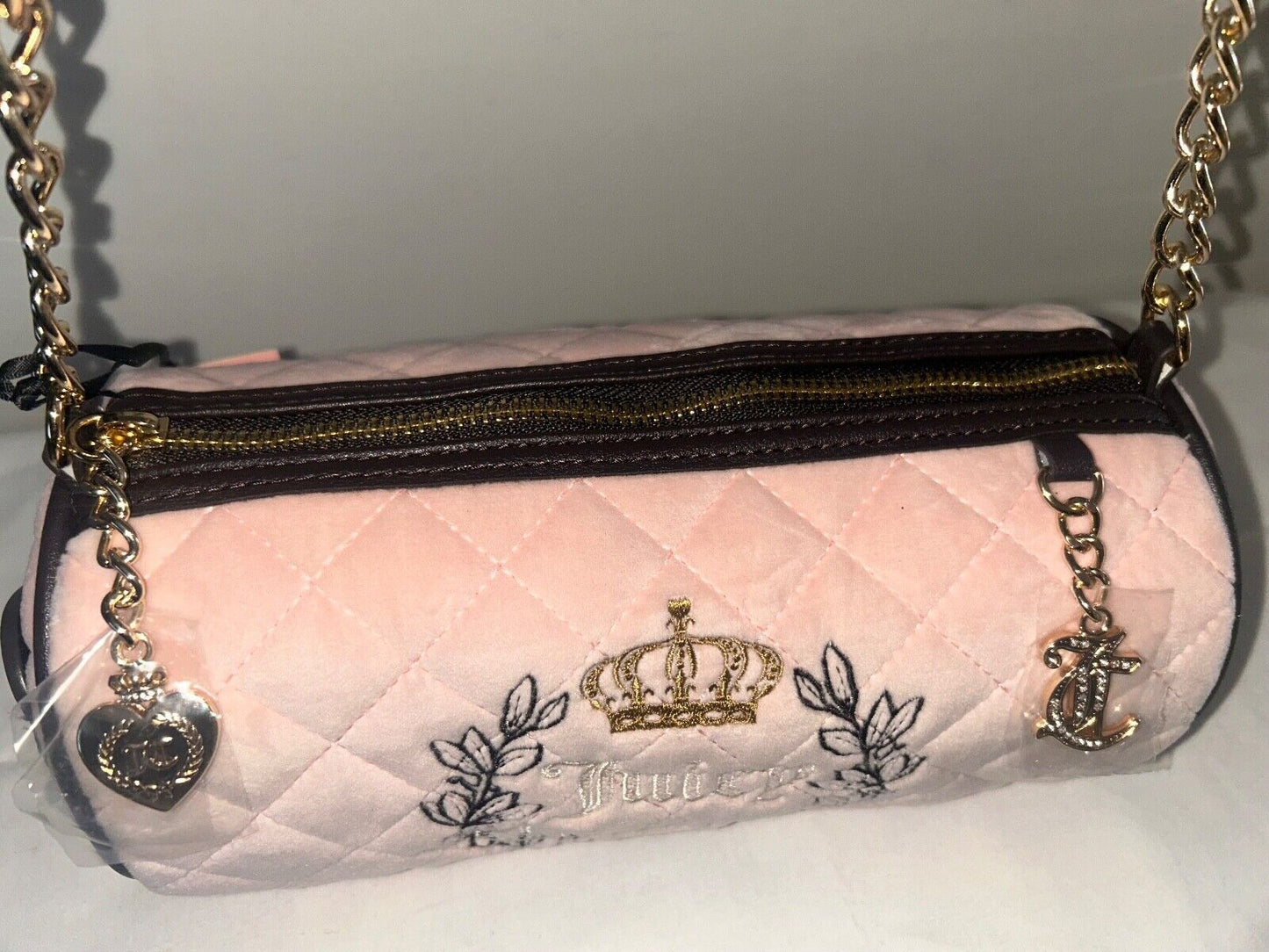 NEW! NWT JUICY COUTURE Royal Moment Velour Quilted Mini Barrel Bag Pink Clay