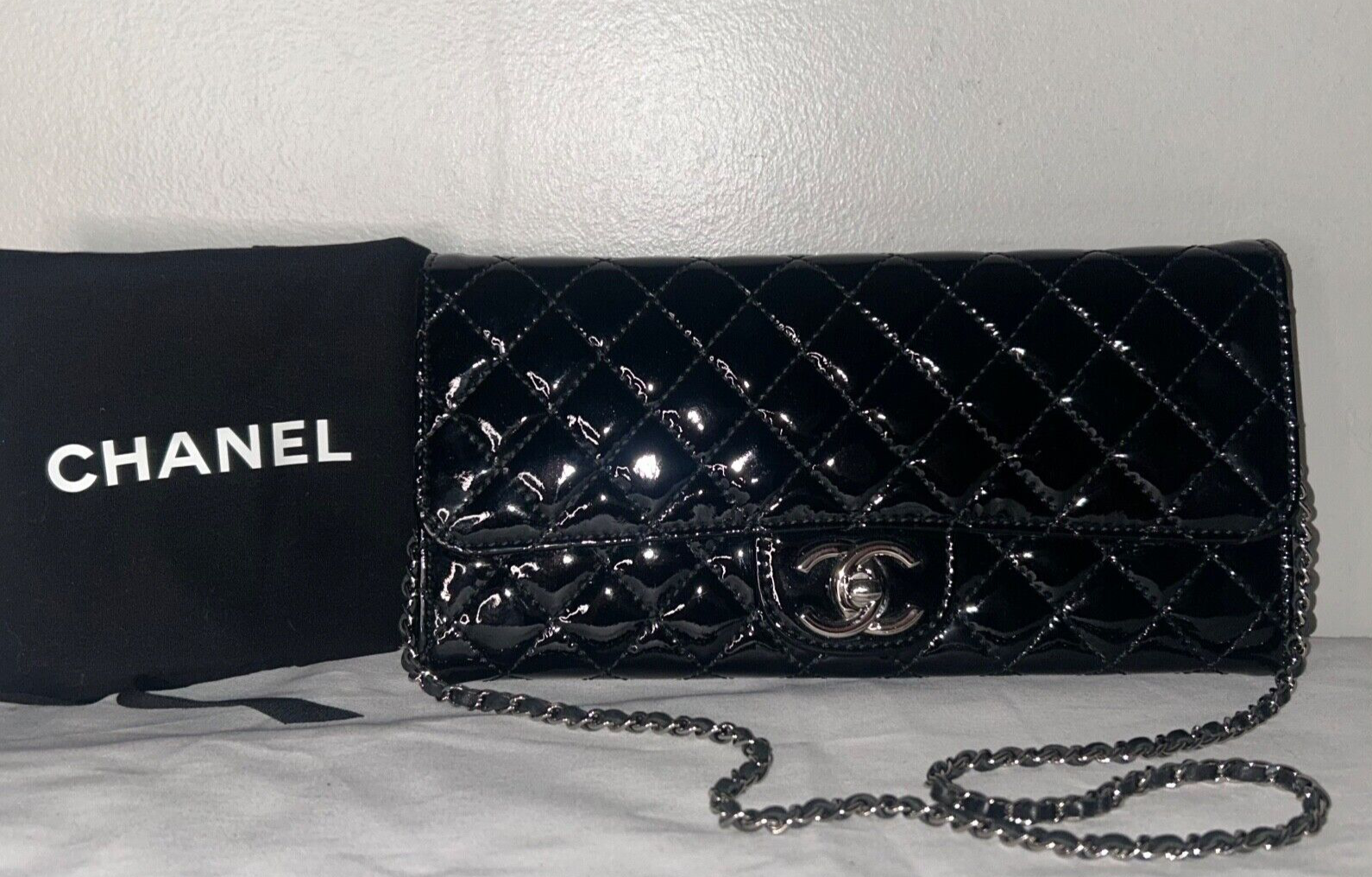 CHANEL Classic Quilted Patent Leather East West WOC Shoulder Bag Black