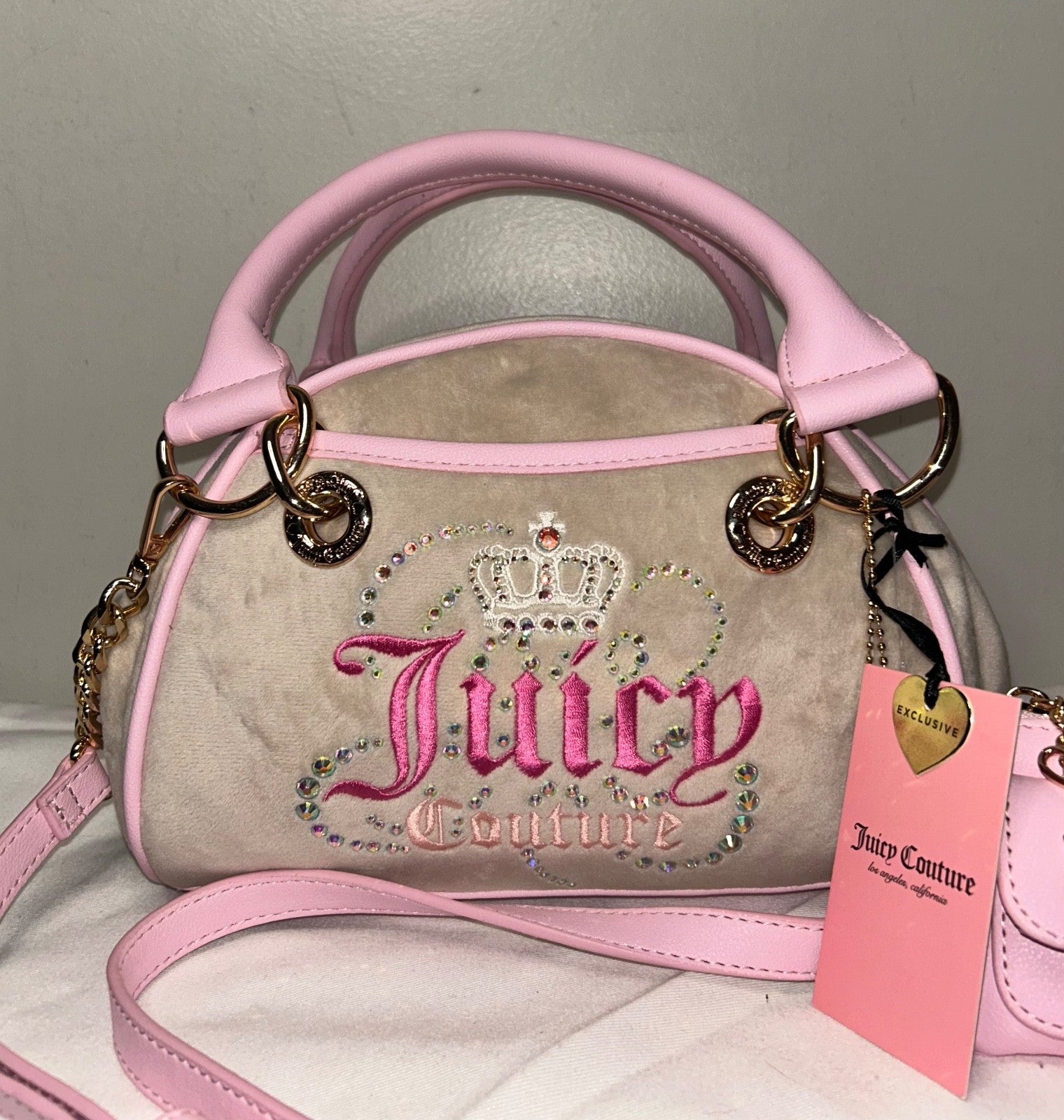 NEW! NWT JUICY COUTURE Velour Dreamy Juicy Satchel Bag in Sandstone/Light Pink