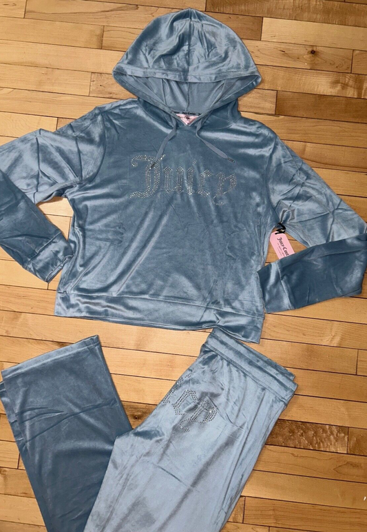 NEW! NWT JUICY COUTURE Velour OG Big Bling Hoodie & Pant Set Montana Blue Size L