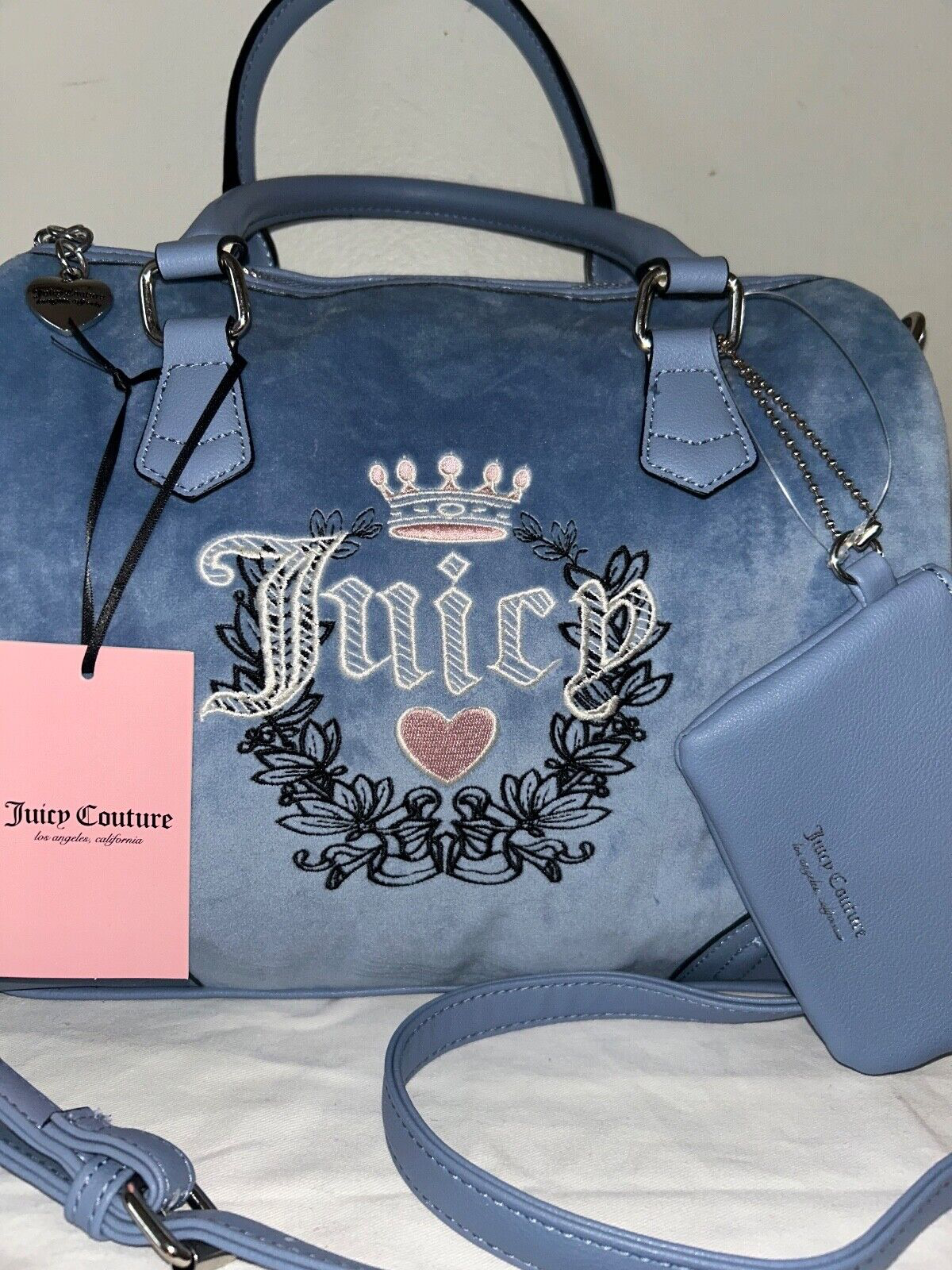 NEW! NWT JUICY COUTURE Heritage Satchel Velour Handbag Slate Blue