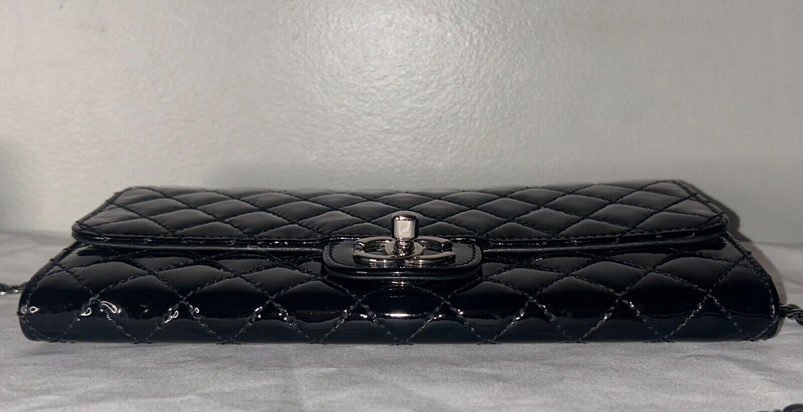 CHANEL Classic Quilted Patent Leather East West WOC Shoulder Bag Black