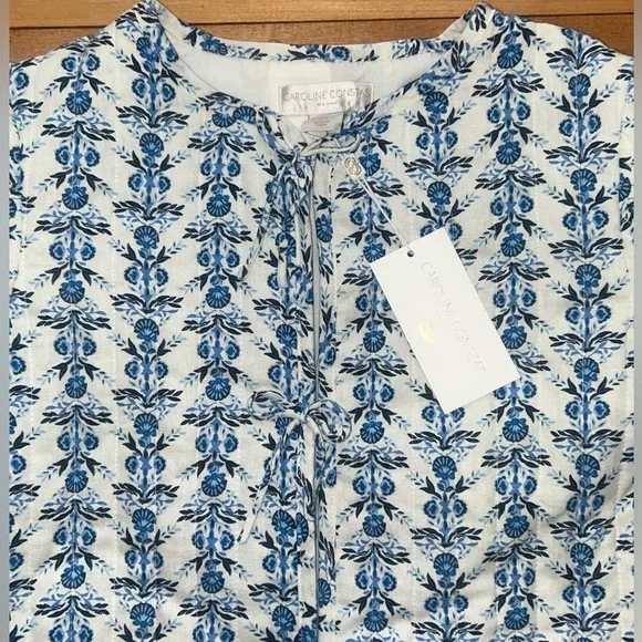NEW! NWT CAROLINE CONSTAS Bow Floral Patchwork Linen Jacket Blue/White Size S