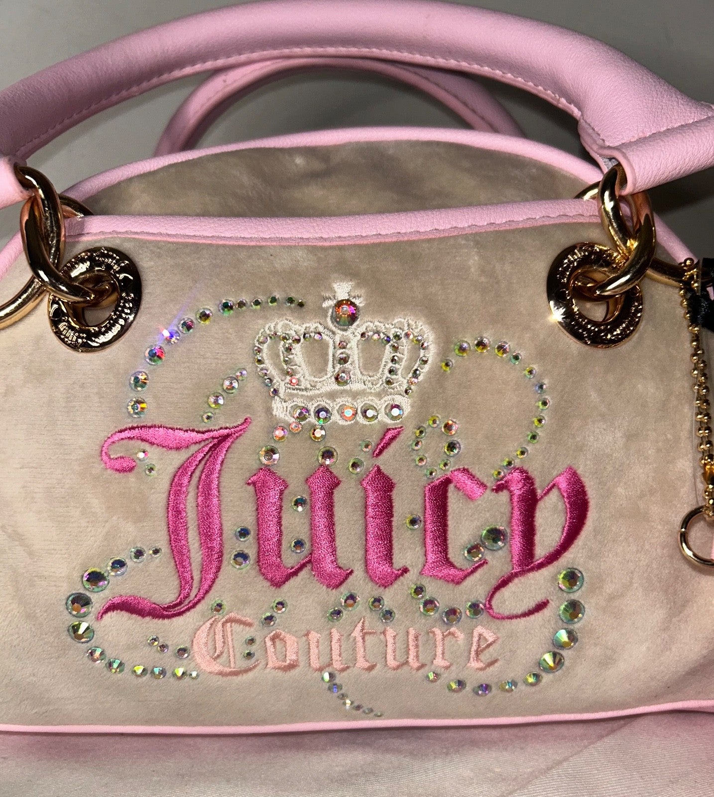 NEW! NWT JUICY COUTURE Velour Dreamy Juicy Satchel Bag in Sandstone/Light Pink