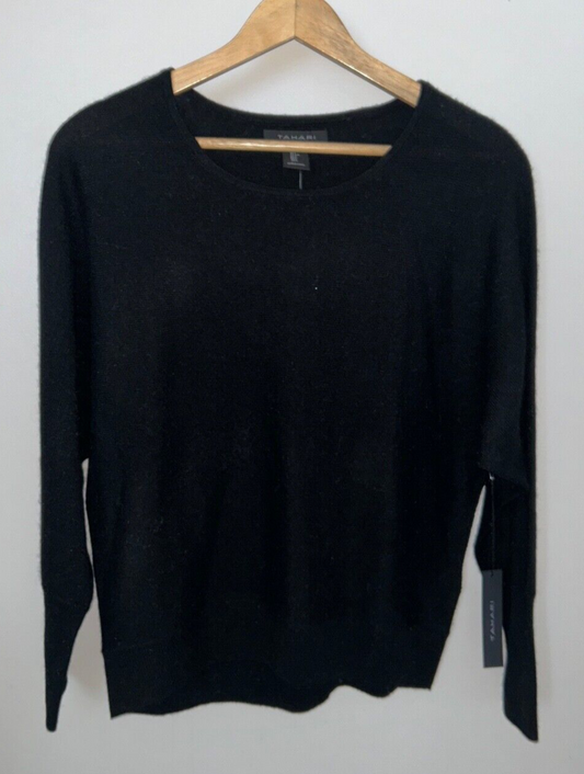 NEW ! NWT TAHARI 100% 2-Ply Cashmere Relaxed Sweater Black Size L