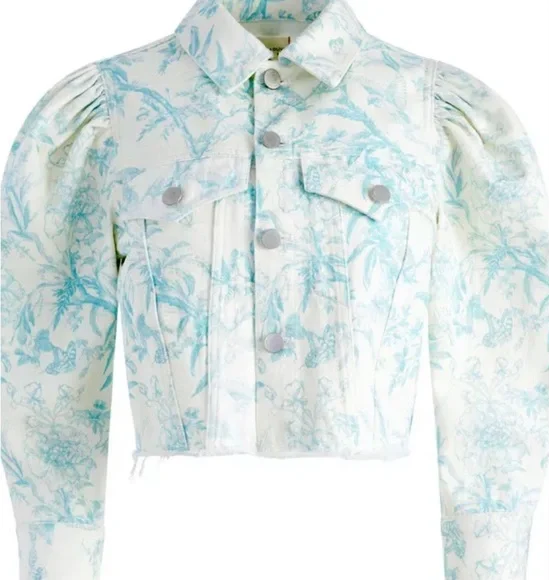 NEW! NWT ELIE TAHARI Antique Floral Printed Raw Hem Denim Jacket White Size M