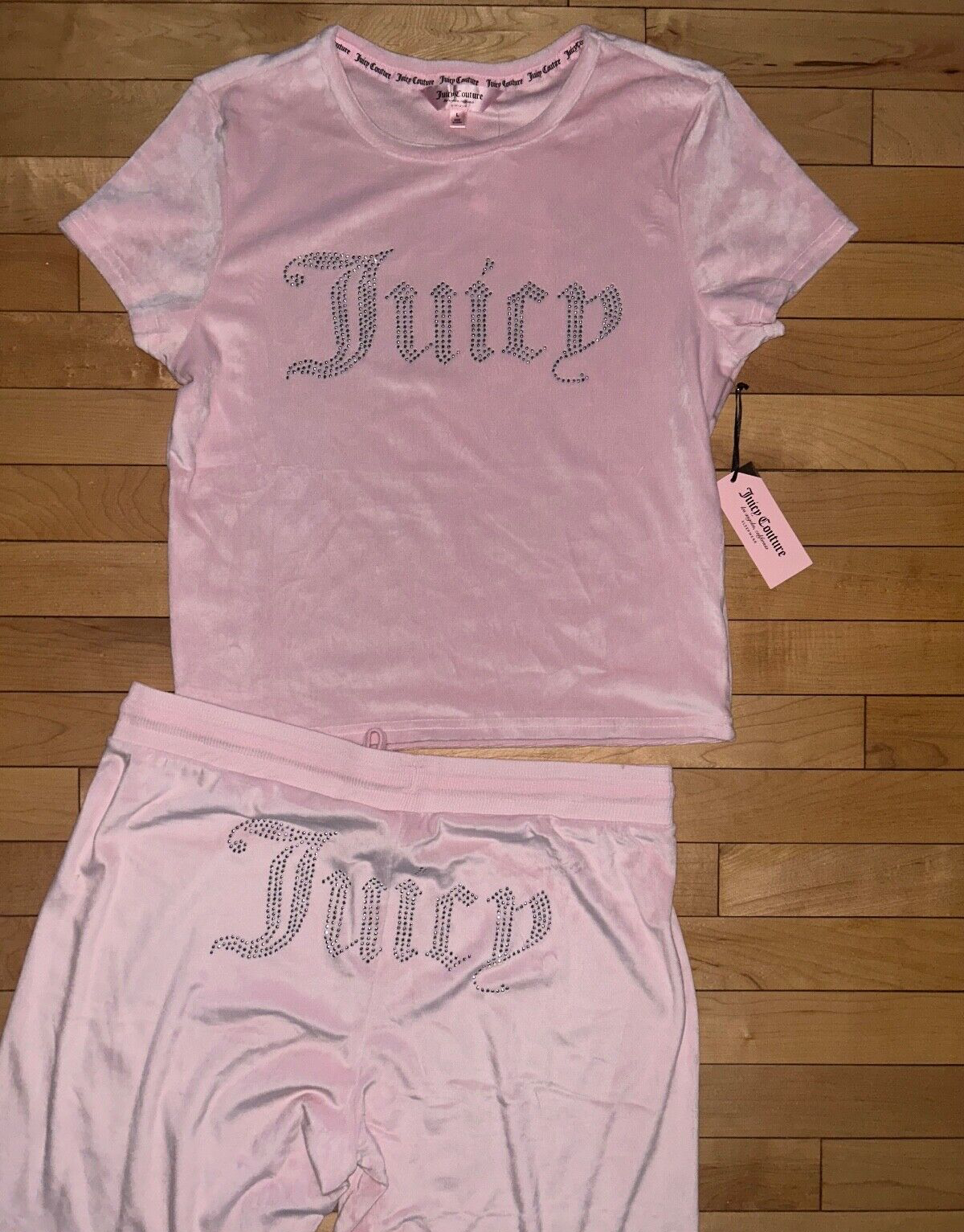 NEW! NWT JUICY COUTURE Velour Bling Logo Lounge Set in Lola Blush Pink Size L