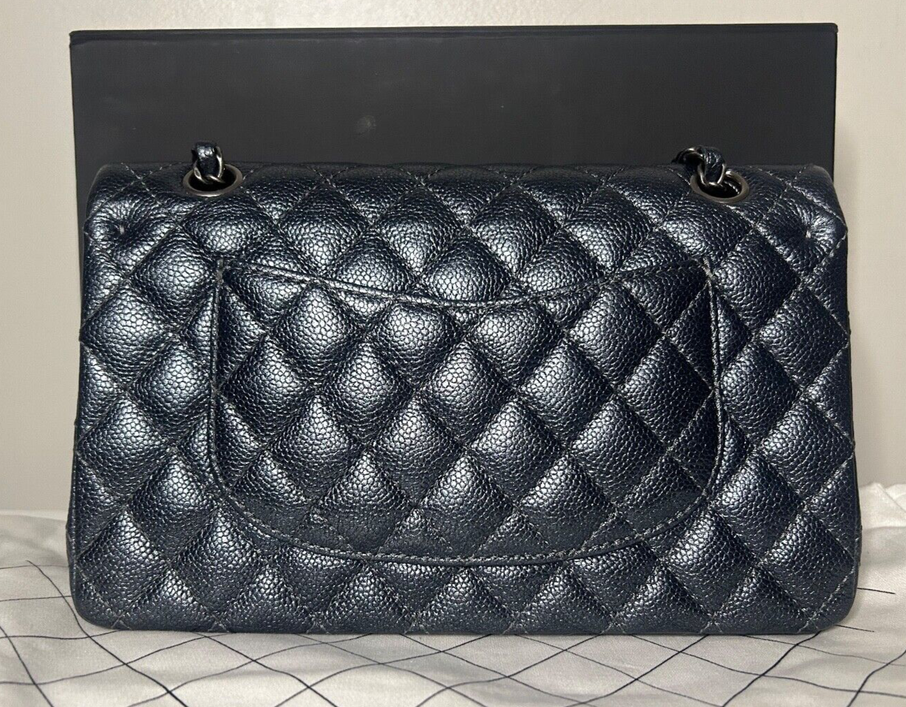 CHANEL Classic Medium Double Flap Pearly Caviar Quilted Leather Handbag Charcoal