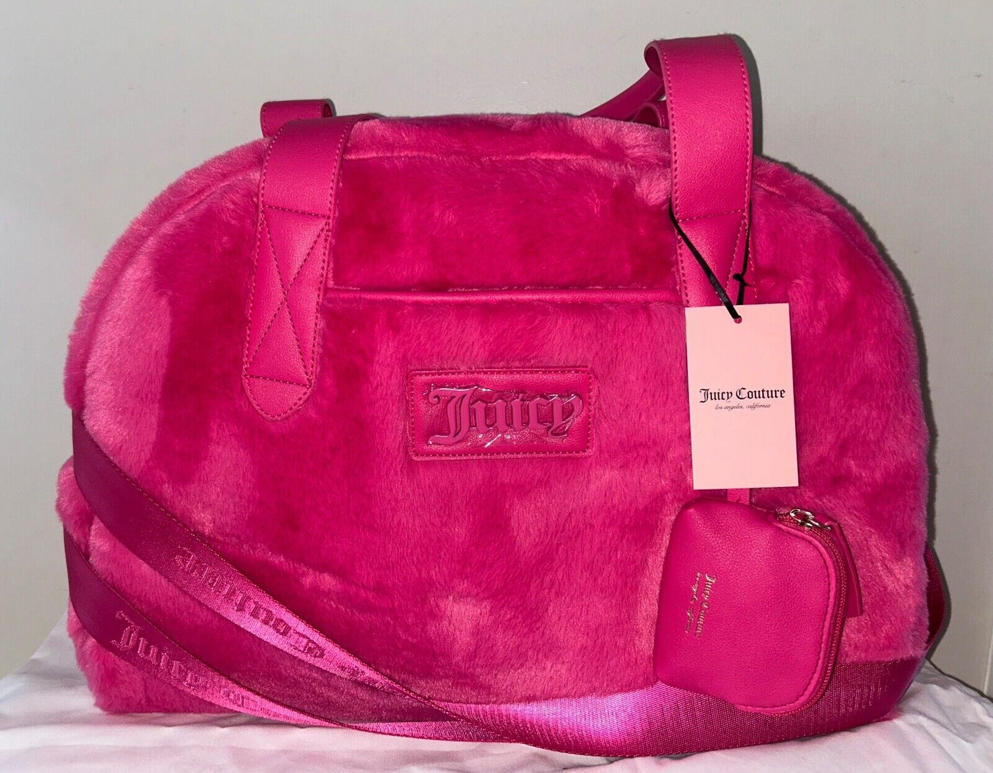 NEW! NWT JUICY COUTURE Faux Fur Charmed Dome Weekender Bag Pink Flash