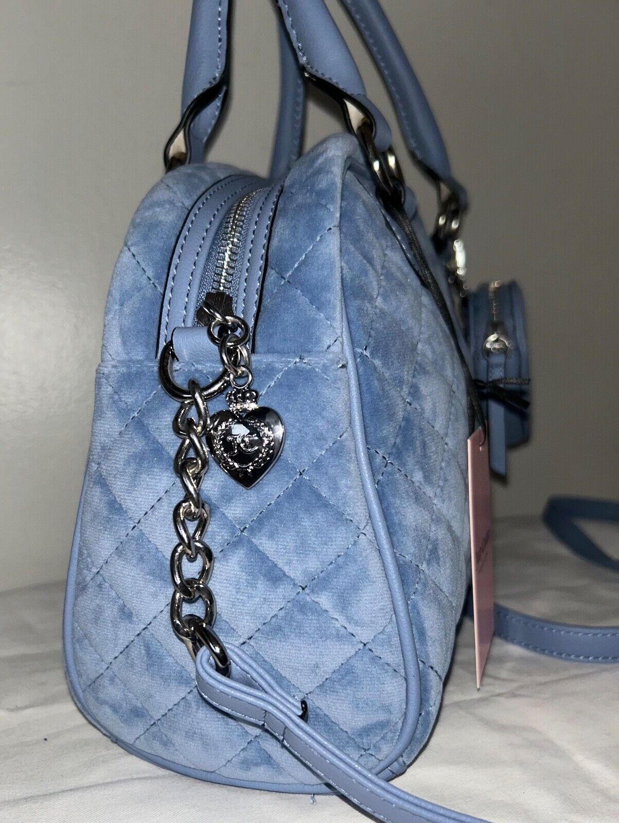 NEW! NWT JUICY COUTURE Royal Moment Velour Quilted Bowler Bag Slate Blue