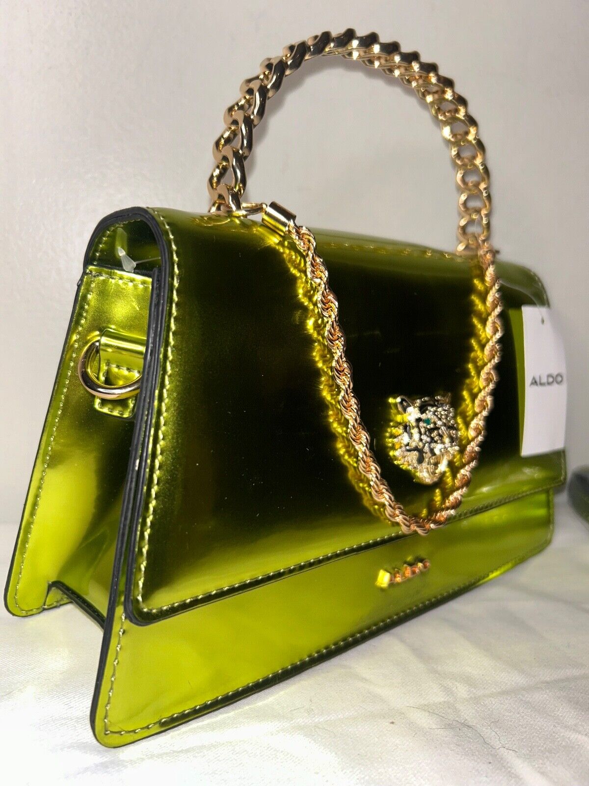 NEW! NWT ALDO Mini Top Handle Chain Tiger Bag Patent Shiny Green