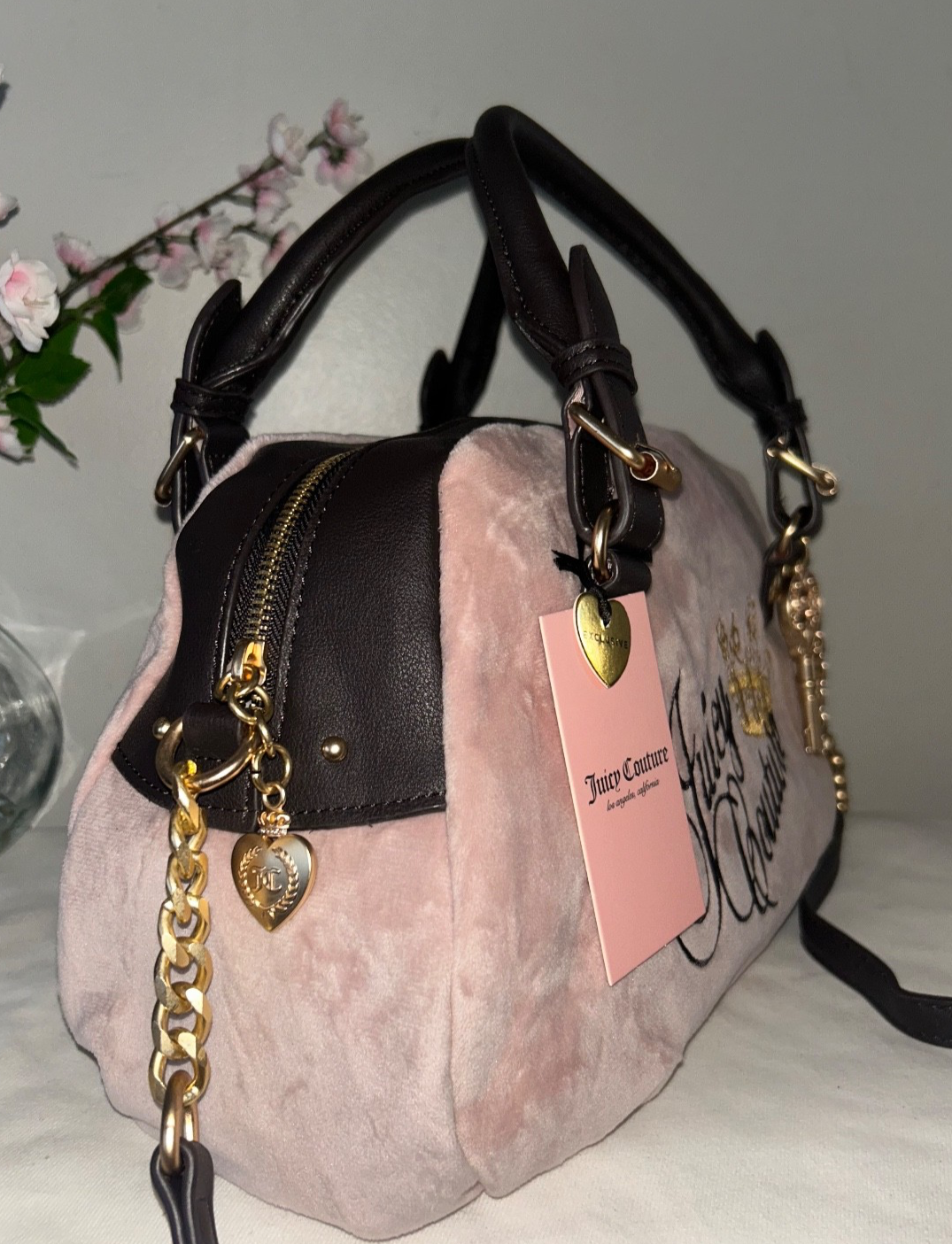 NEW! NWT JUICY COUTURE The Key To Juicy Velour Satchel Bag Dusty Blush Pink
