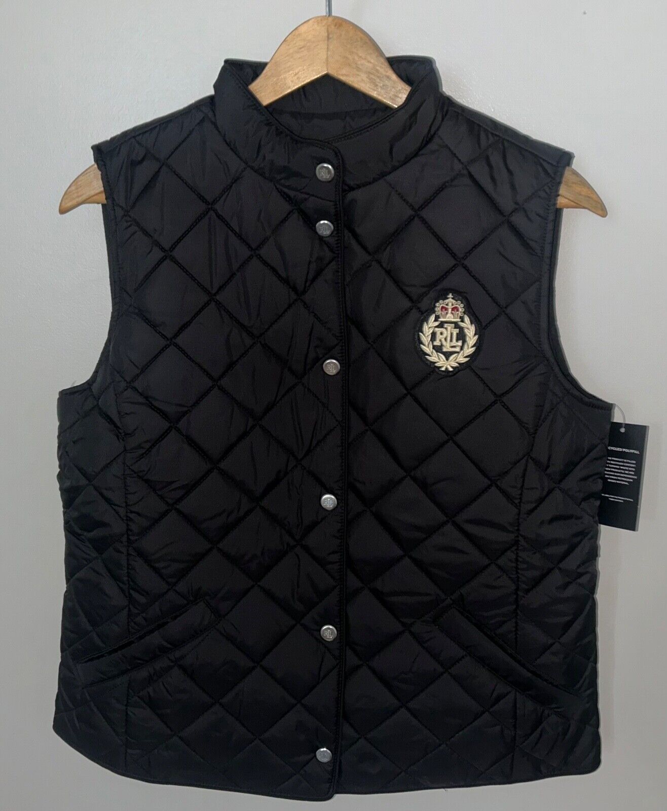 NEW NWT LAUREN RALPH LAUREN Crest Patch Quilted Padded Vest Black Size M