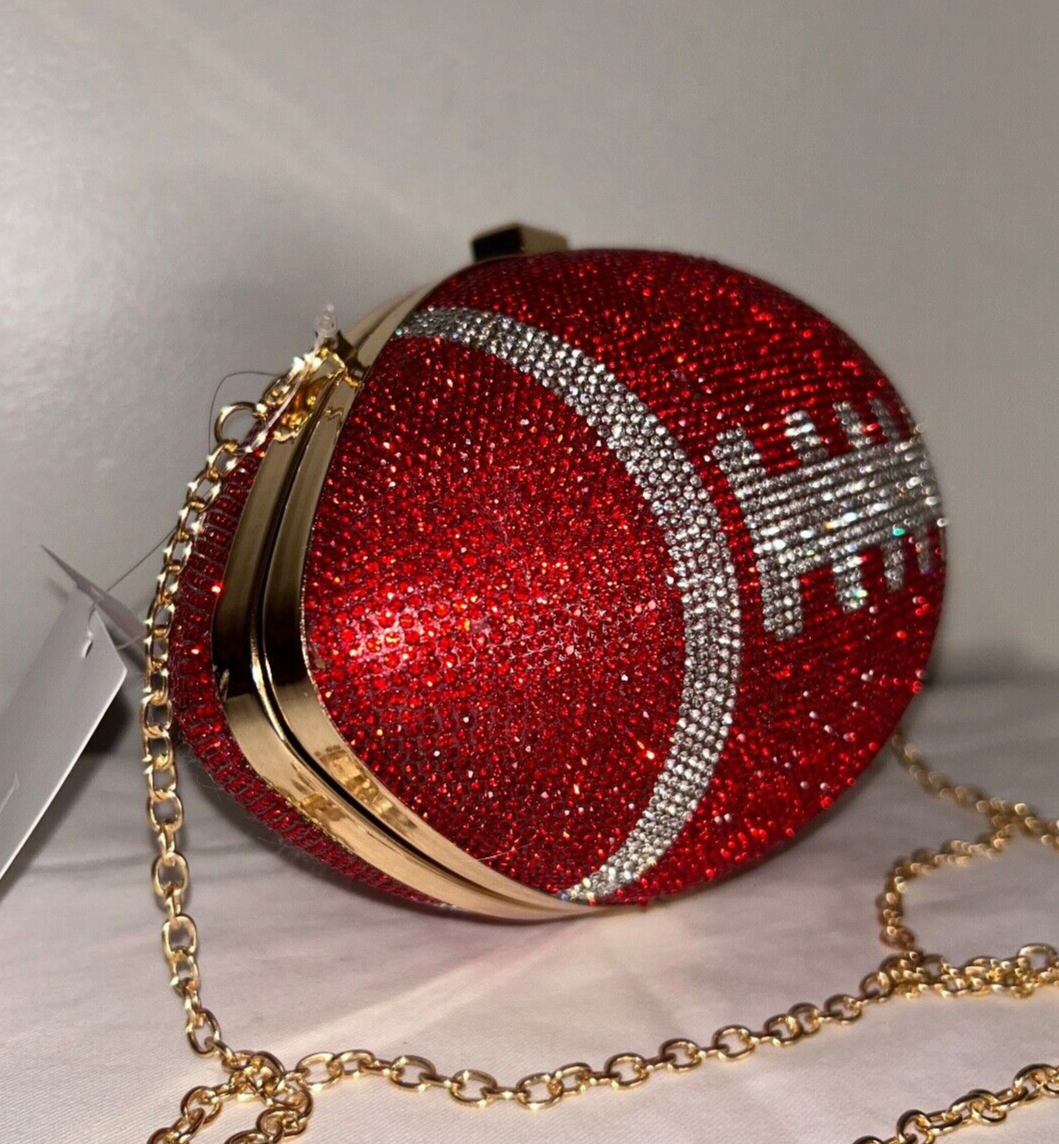 NEW! NWT Bling Rhinestone Jeweled Football Crossbody Bag Red