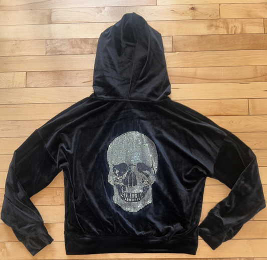 NEW! NWT TRUTH BY REPUBLIC Velour Rhinestone Skull Zip-Up Hoodie Black Size S