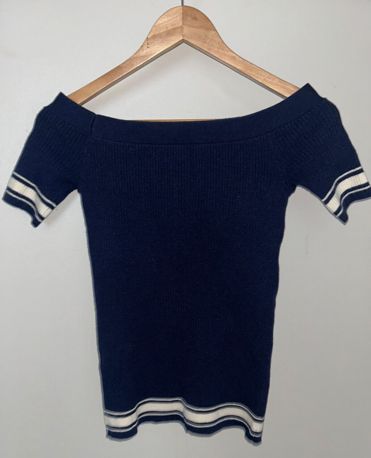 NEW! FRAME Striped Detail Off-the-Shoulder Short Sleeve Sweater Navy Size XS