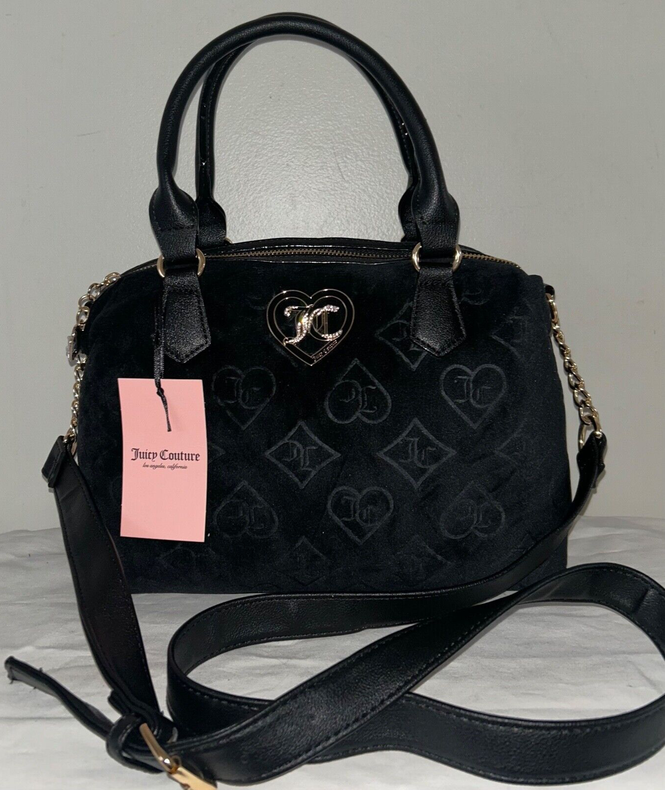 NEW! NWT JUICY COUTURE Glizted Out Velour Logo Satchel Bag Black Liquorice