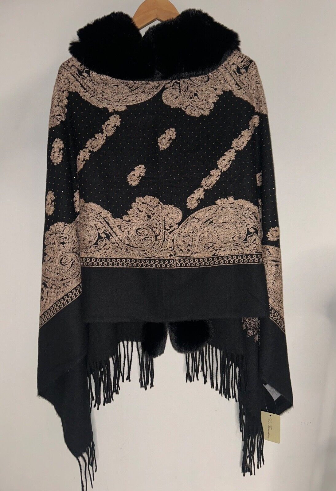 NEW! NWT LA FIORENTINA Faux Fur Trim Wrap w/ Embroidery/Embellishments Black O/S