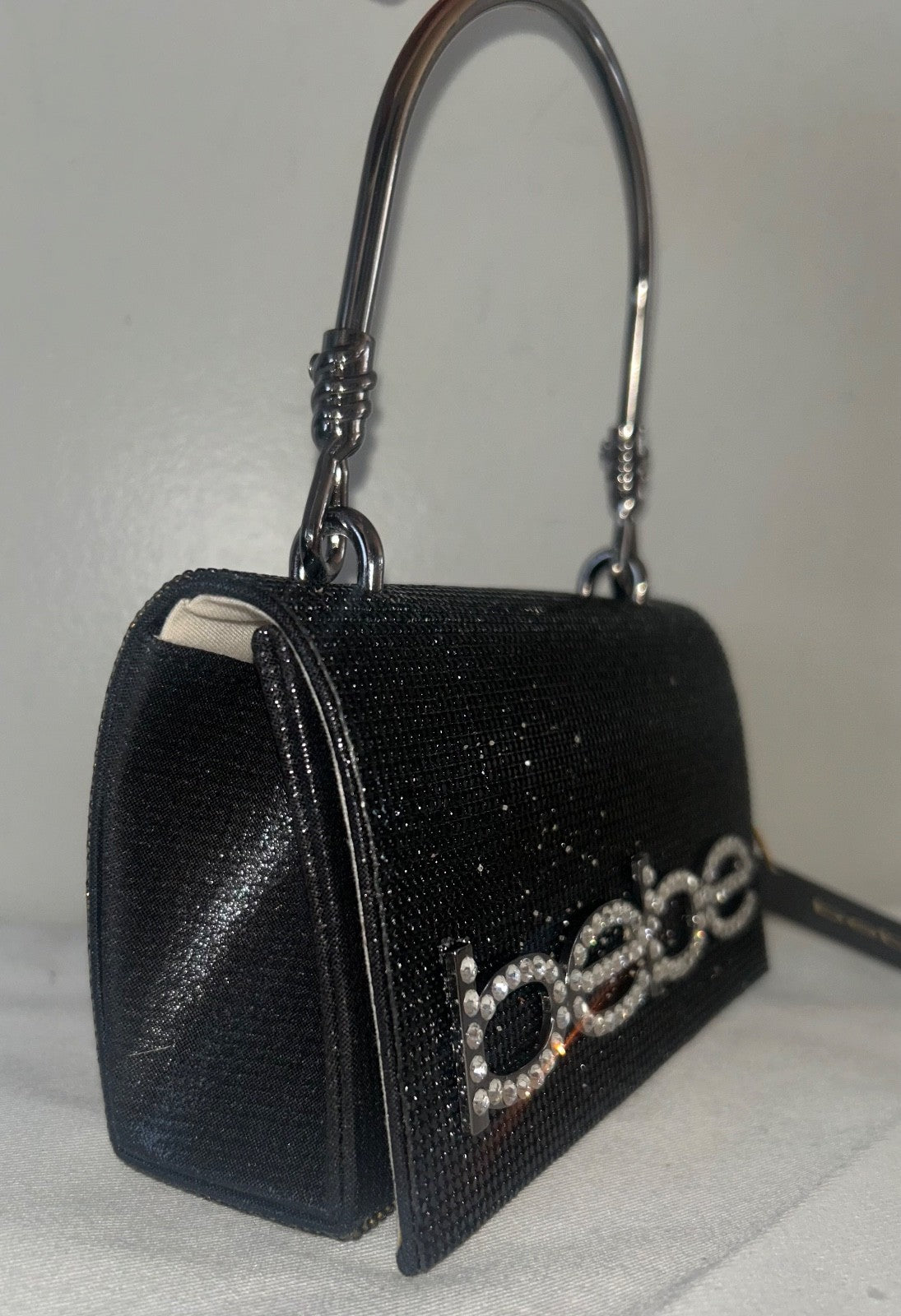 NEW! NWT BEBE Logo Rhinestone Crystal Paris Mini Top Handle Satchel Bag Black