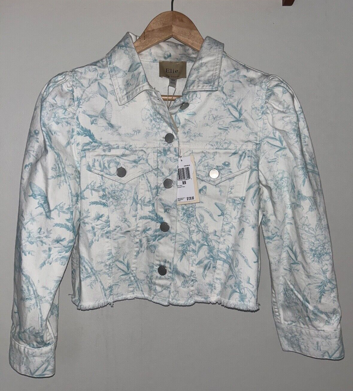 NEW! NWT ELIE TAHARI Antique Floral Printed Raw Hem Denim Jacket White Size M