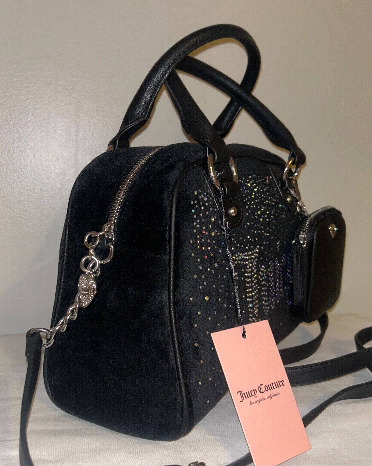 NEW! NWT JUICY COUTURE Let It Shine Bowler Velour Crossbody Bag Black Liquorice