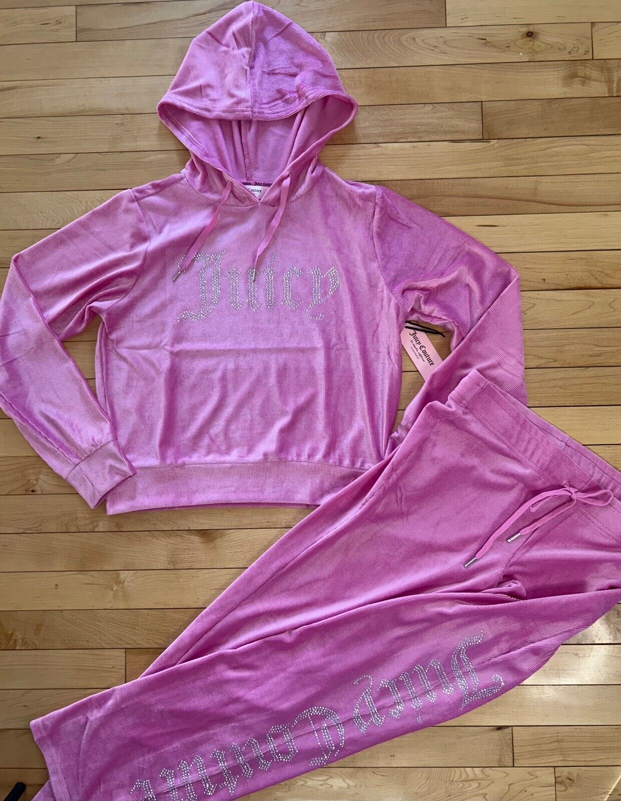 NEW! NWT JUICY COUTURE Velour OG Big Bling Hoodie & Pant Set Deep Azalea Size S