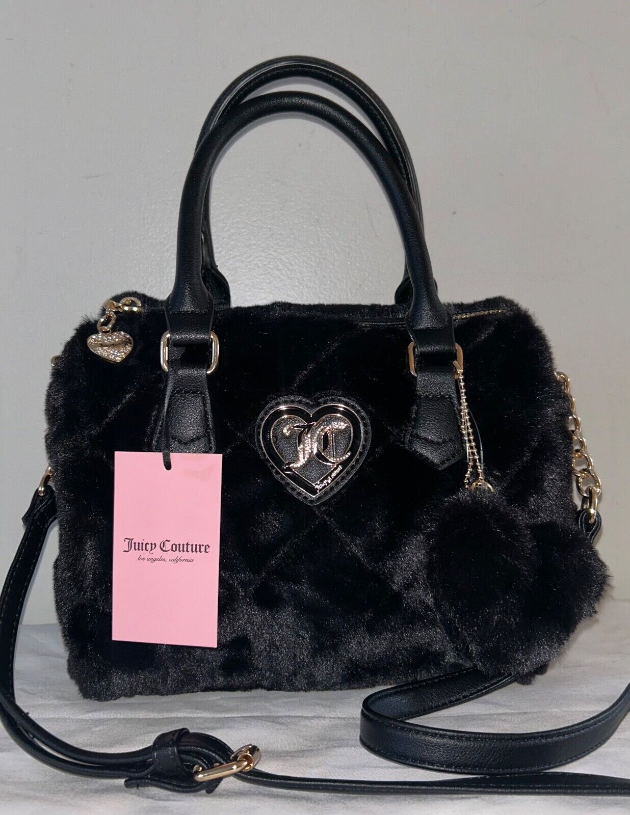 NEW! NWT JUICY COUTURE Lets Get Cozy Faux Fur Satchel Bag Black Liquorice