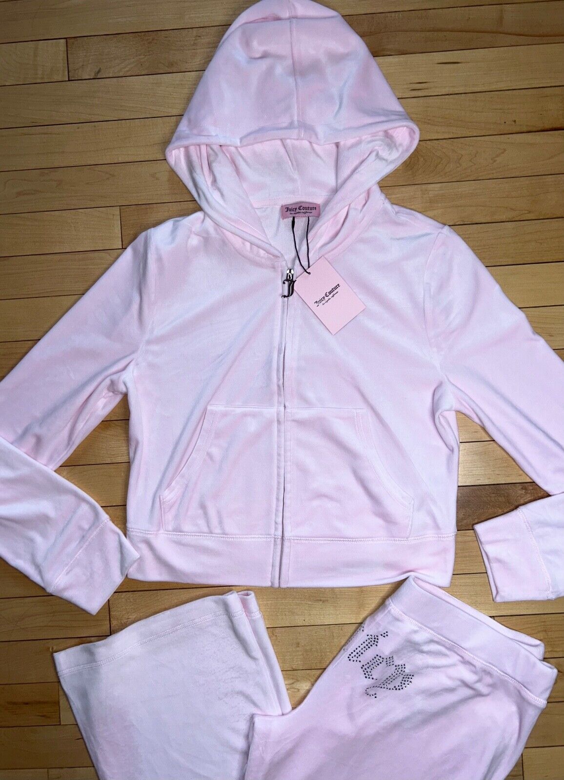 NEW! JUICY COUTURE Velour OG Bling Tracksuit Hoodie & Pant Set Soft Glow Pink M