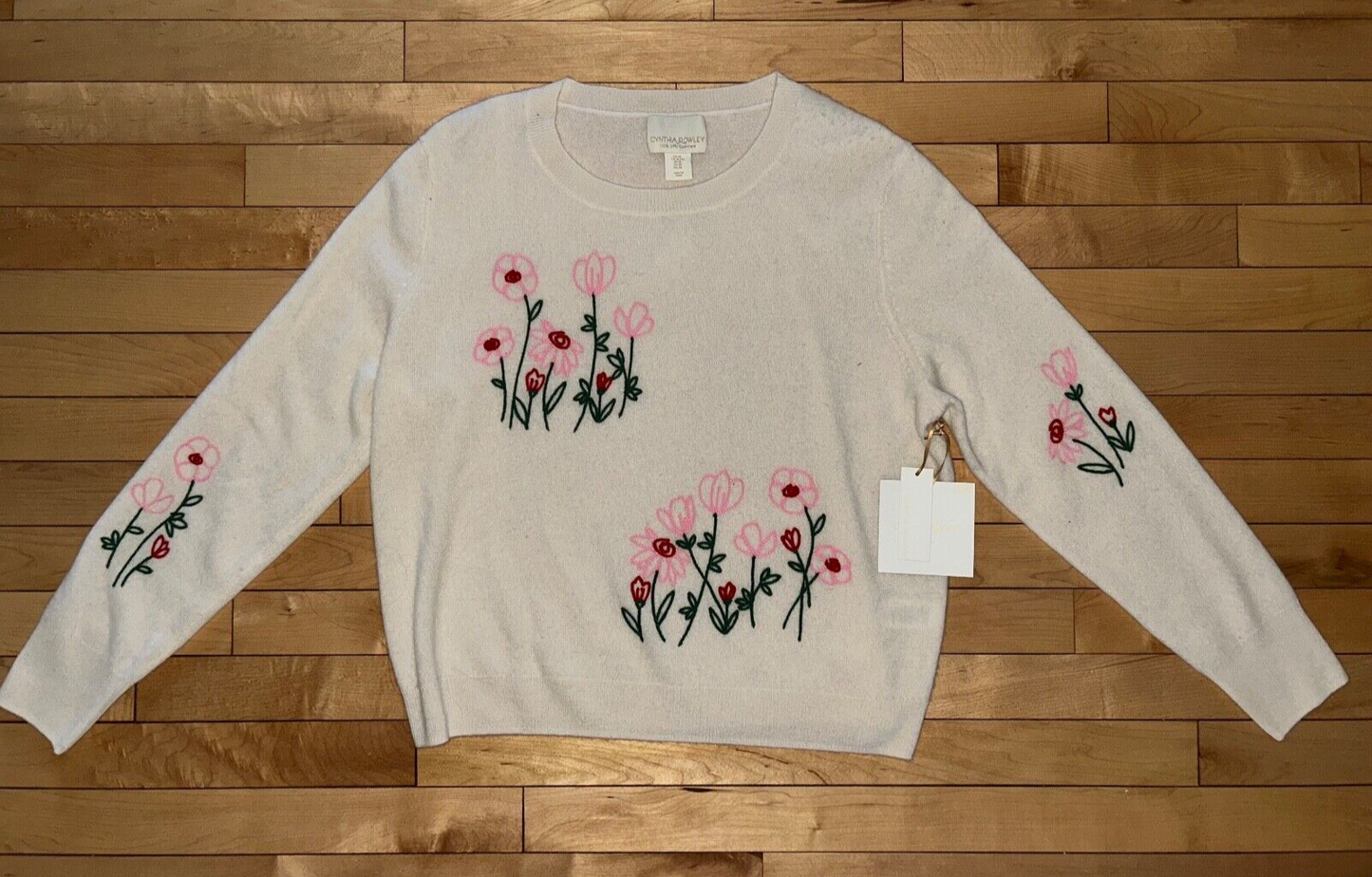 NEW ! NWT CYNTHIA ROWLEY 100% Cashmere Flower Embroidered Sweater Cream Size XL