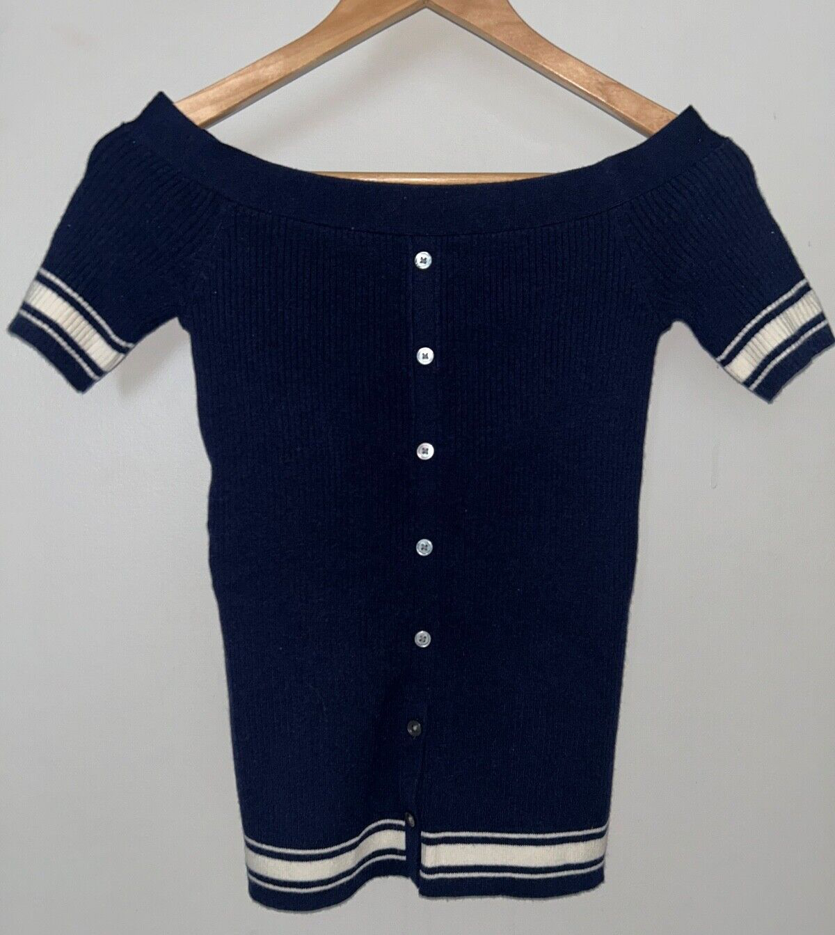 NEW! FRAME Striped Detail Off-the-Shoulder Short Sleeve Sweater Navy Size XS