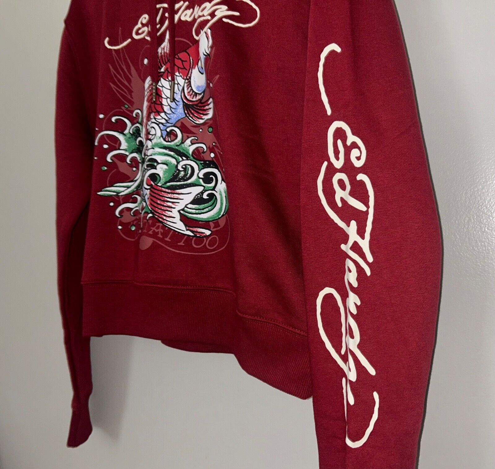 NEW! NWT ED HARDY Koi Fish Pullover Hoodie Sweatshirt in Wine Size S