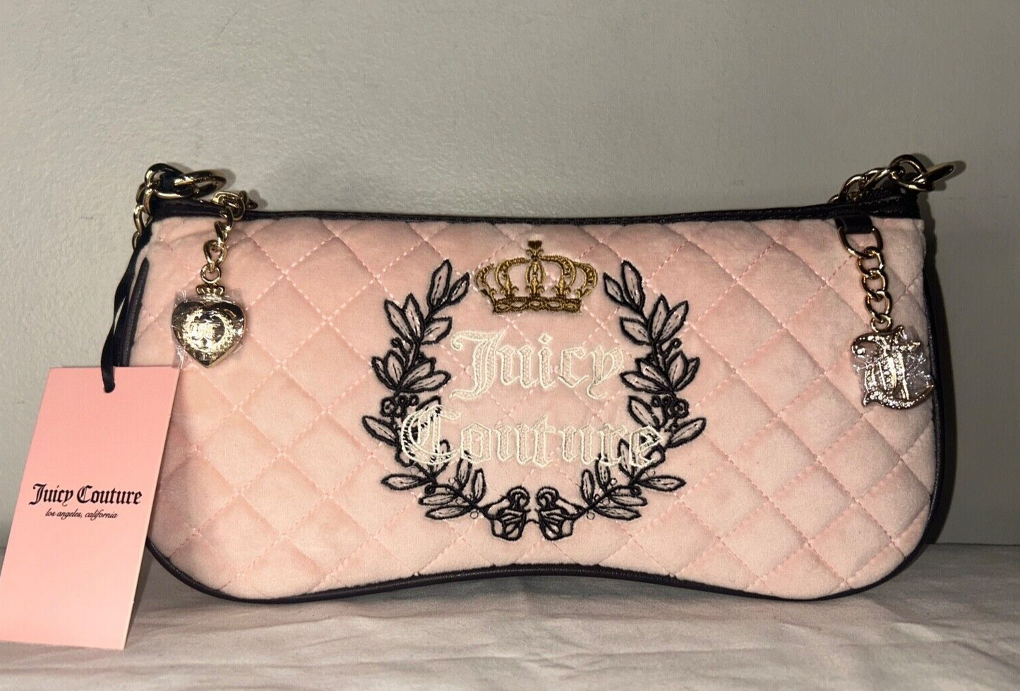 NEW! NWT JUICY COUTURE Royal Moment Velour Quilted Shoulder Bag Pink Clay