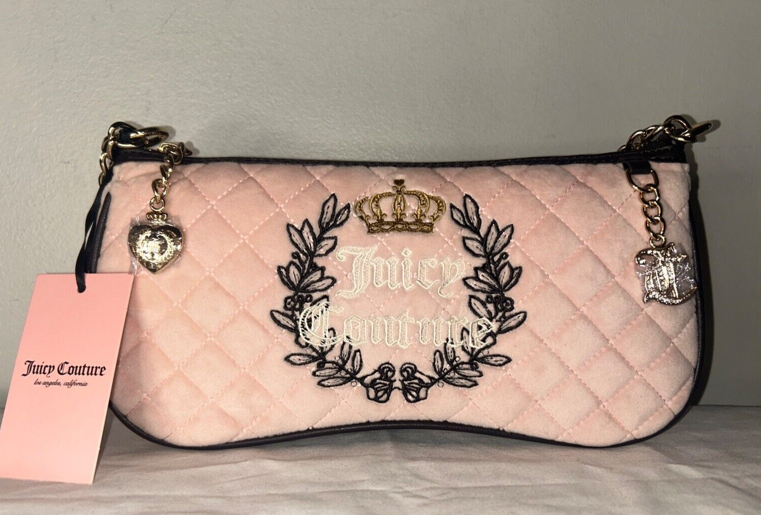 NEW! NWT JUICY COUTURE Royal Moment Velour Quilted Shoulder Bag Pink Clay