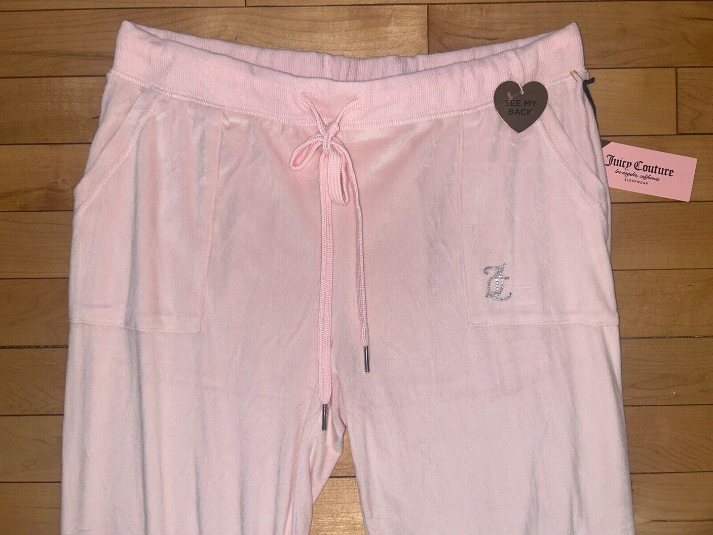 NEW ! NWT JUICY COUTURE Velour OG Big Bling Sweatpants Rock Salt Pink Size L