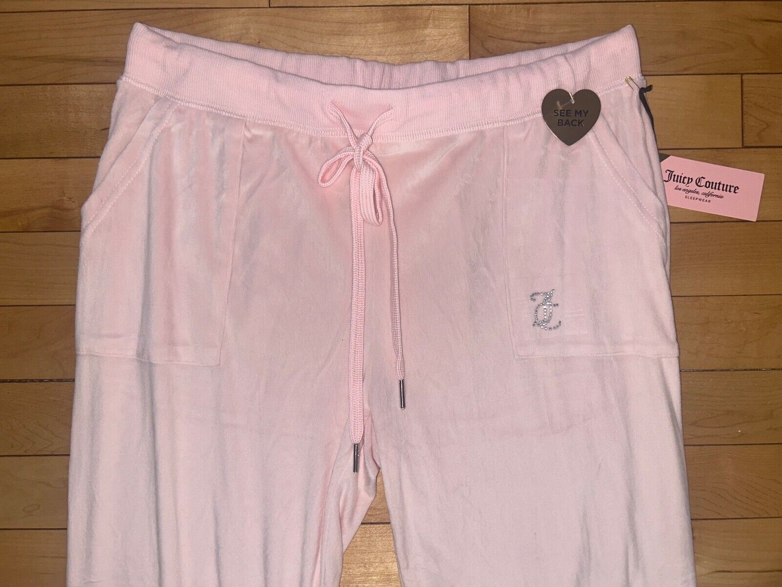 NEW ! NWT JUICY COUTURE Velour OG Big Bling Sweatpants Rock Salt Pink Size L