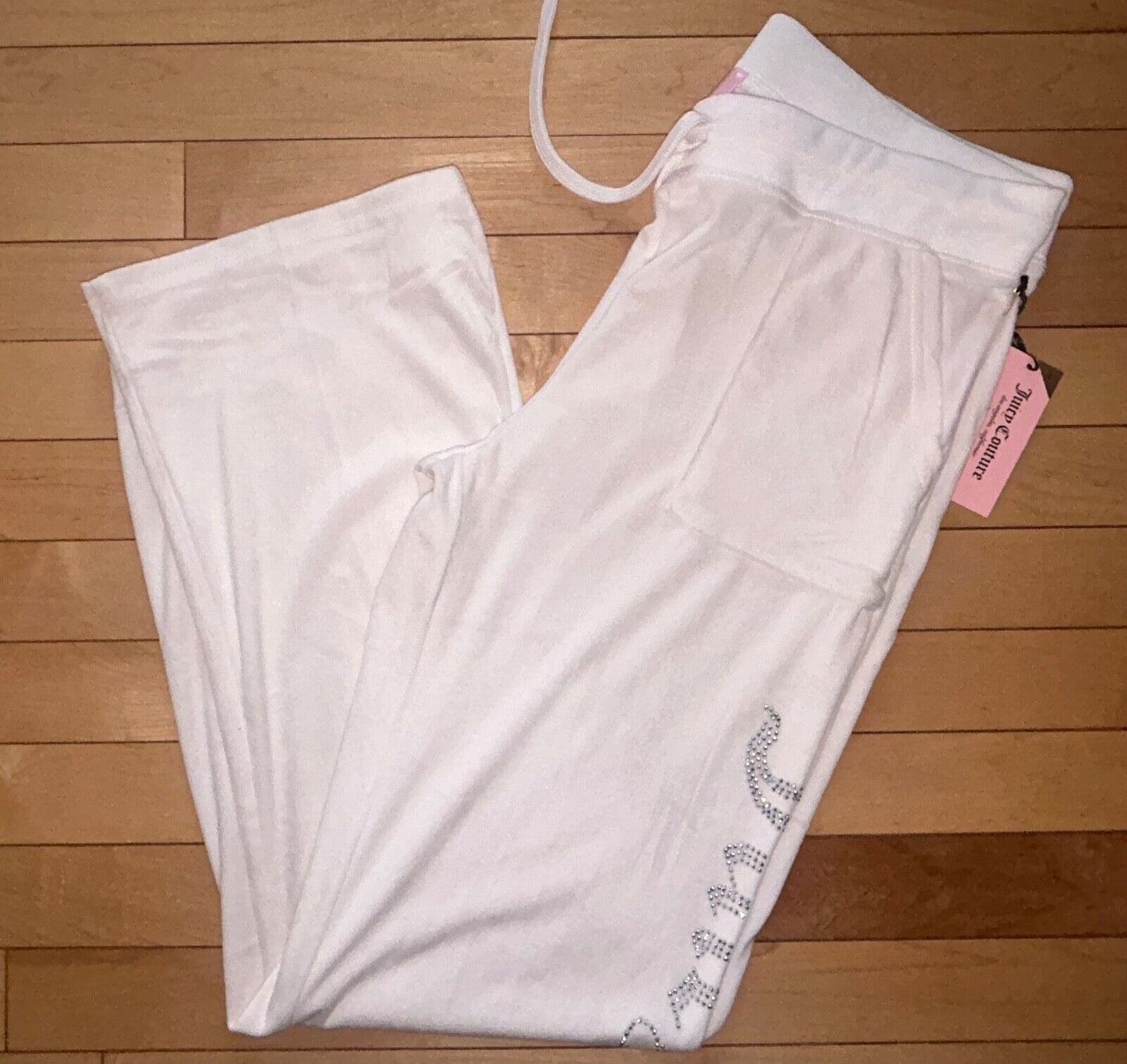 NEW! JUICY COUTURE Velour Bling Logo Sweatpants Pastel Parchment Ivory Size L