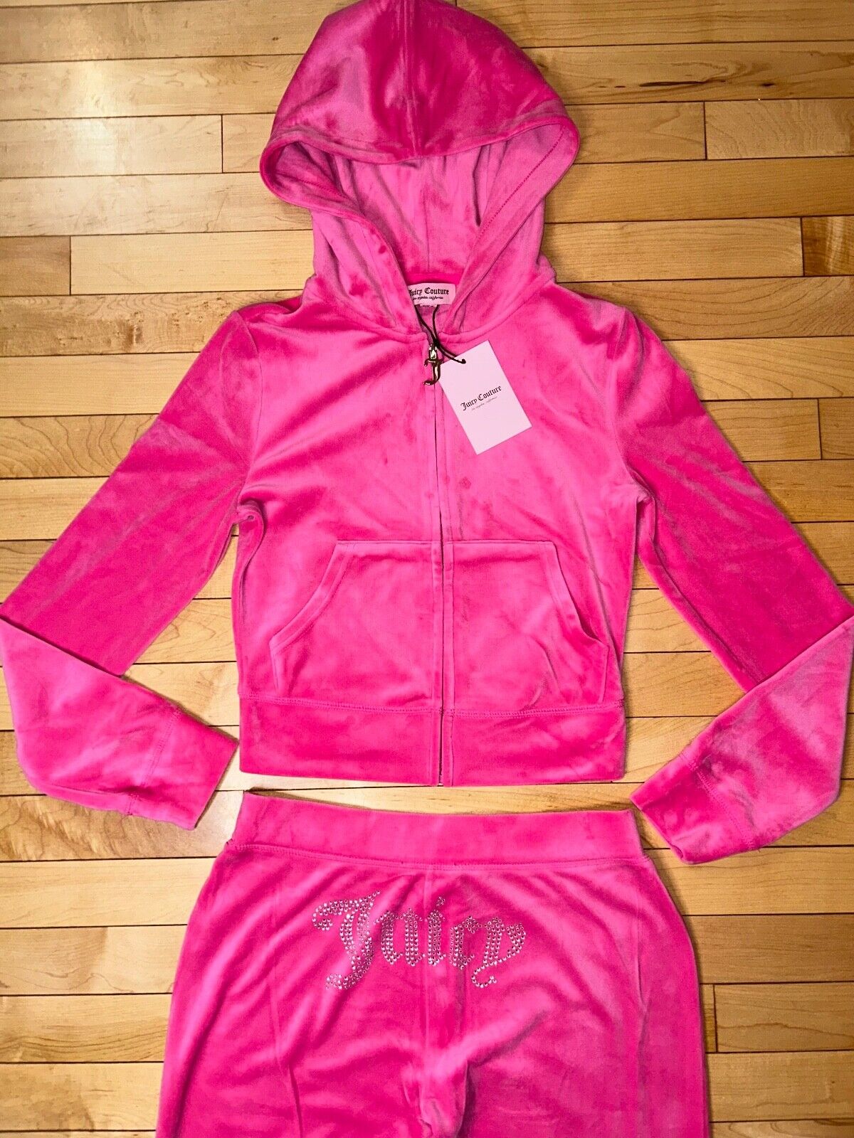 NEW! JUICY COUTURE Velour OG Bling Tracksuit Hoodie & Pant Set Bubblegum Pink XS