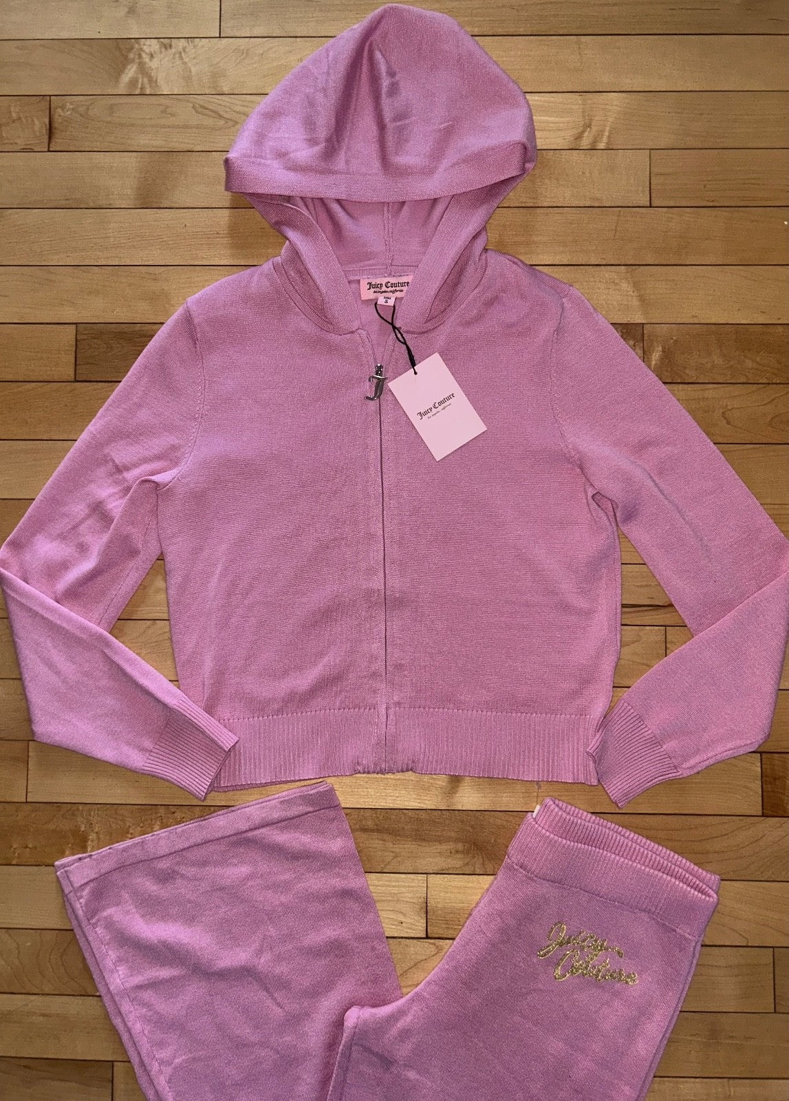 $199 NEW! JUICY COUTURE Juicy Logo Knit Tracksuit Hoodie & Pant Set Rose Size S