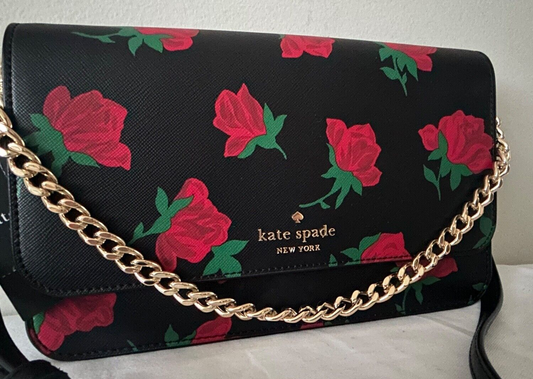 NEW! NWT KATE SPADE Madison Flap Crossbody Rose Toss Print Black