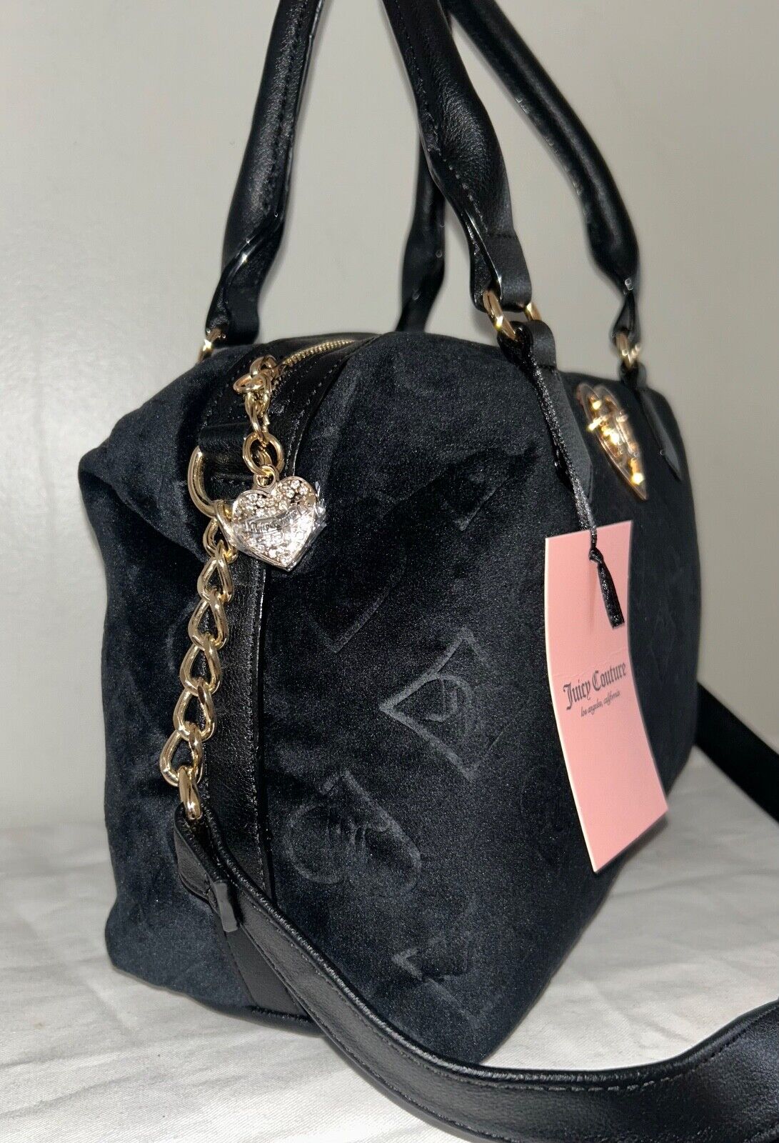 NEW! NWT JUICY COUTURE Glizted Out Velour Logo Satchel Bag Black Liquorice