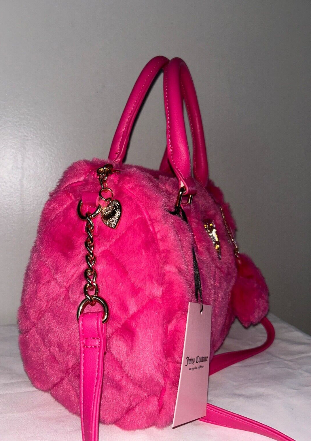 NEW! NWT JUICY COUTURE Lets Get Cozy Faux Fur Satchel Bag Pink Flash