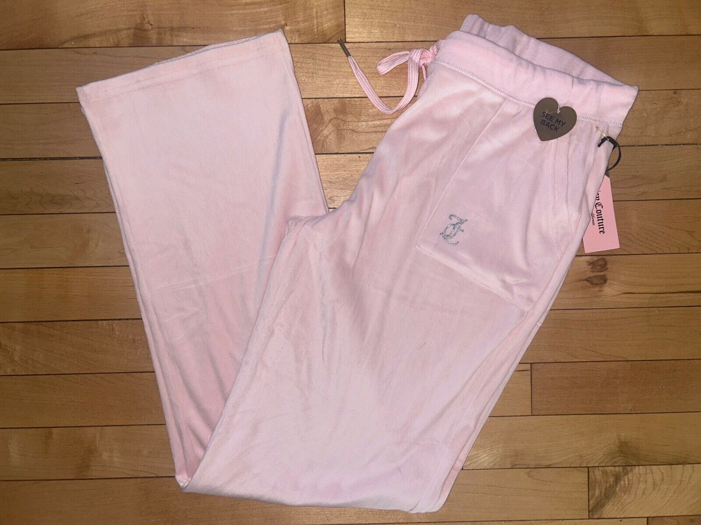 NEW ! NWT JUICY COUTURE Velour OG Big Bling Sweatpants Rock Salt Pink Size L