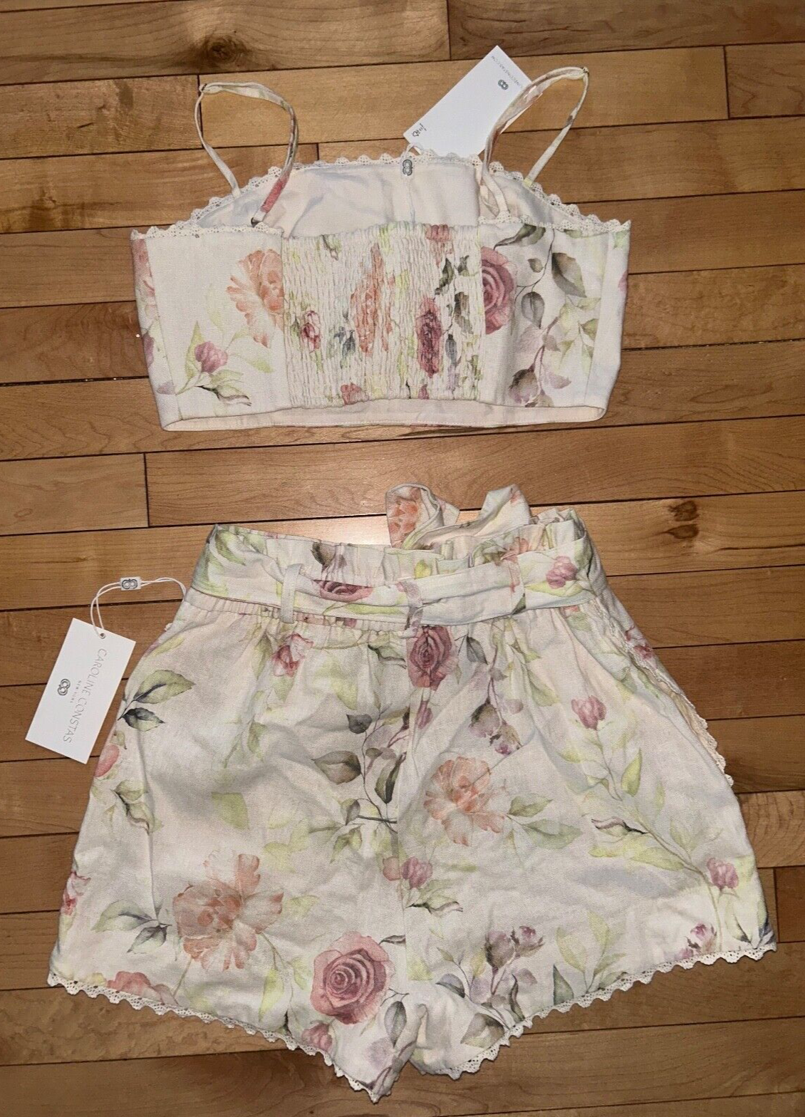 $695 NEW! NWT CAROLINE CONSTAS Linen Crop Top & Short Rose Print Set Size XS