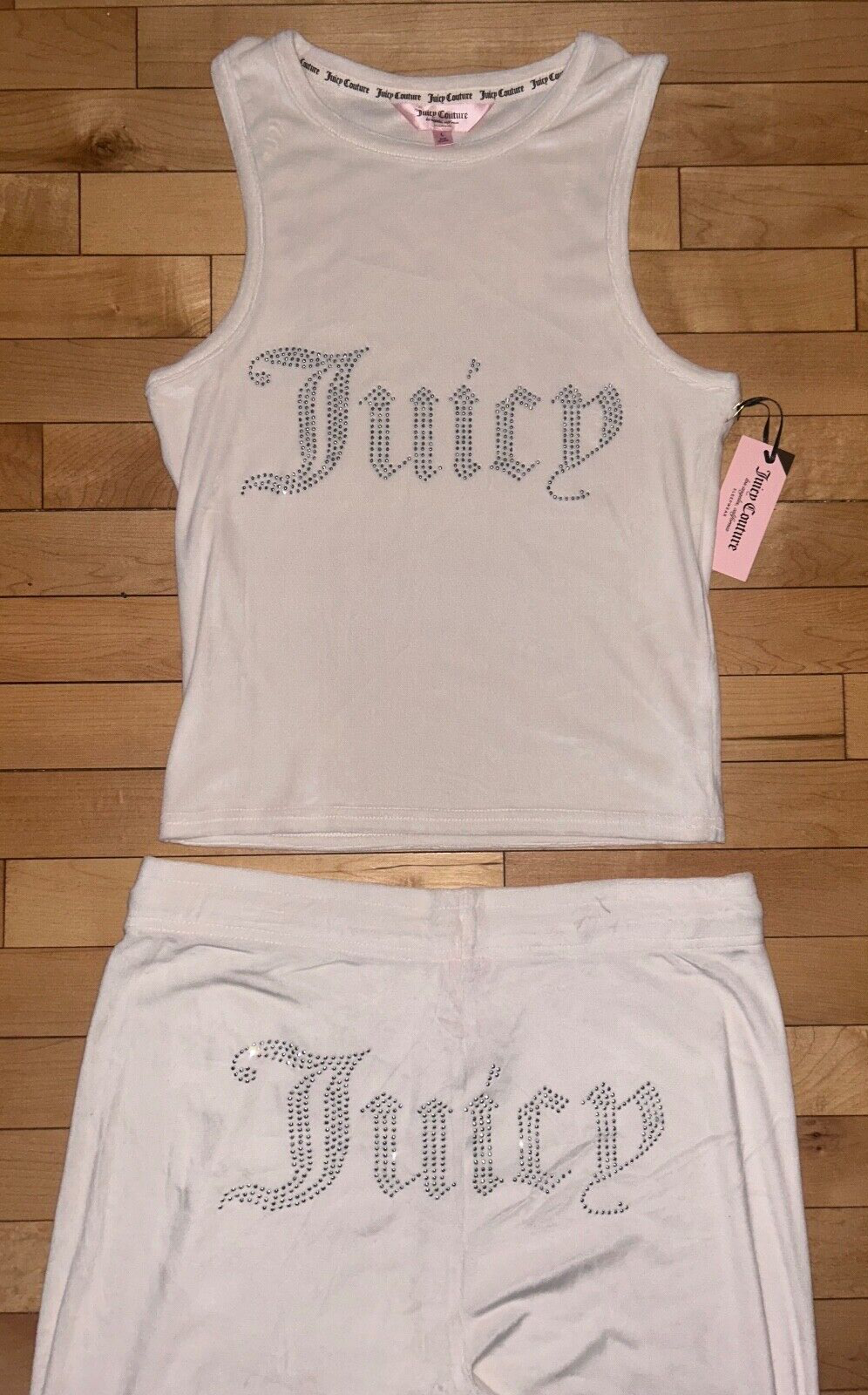 NEW! NWT JUICY COUTURE Velour Bling Logo Lounge Set in Pastel Parchment Size L