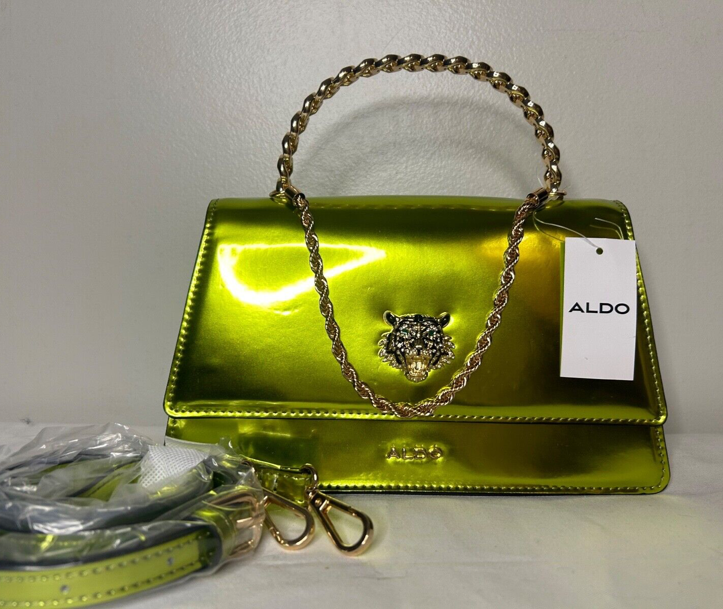 NEW! NWT ALDO Mini Top Handle Chain Tiger Bag Patent Shiny Green