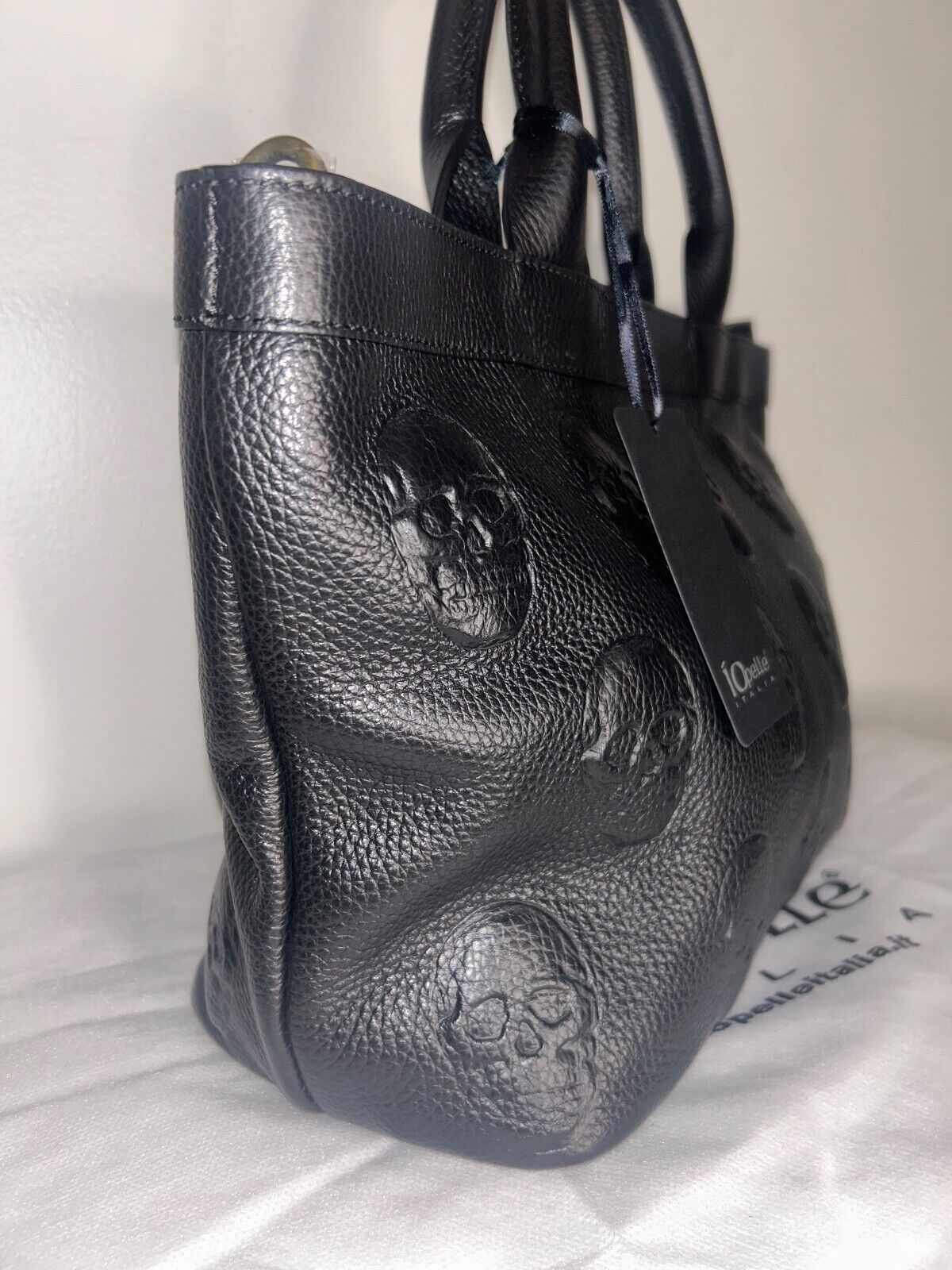 NEW! NWT IO PELLE Italy 3D Skull Leather Medium Tote Bag Black